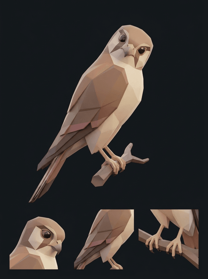 Low-poly illustration of a kestrel perched on a branch, in Kestryl's clay and tan palette, with detail studies of the head and talons.