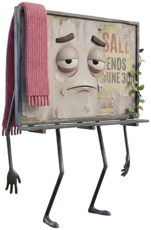 Bill Bored, the weathered billboard character, standing patiently